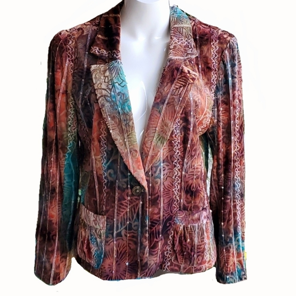 Jillian Tracy Boho Crushed Velvet Brown Blue Sequined Blazer Jacket size Large
